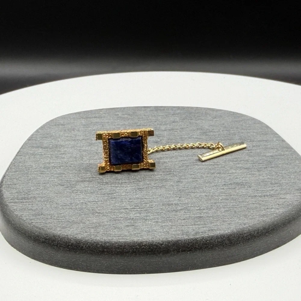 Gold Tone Blue Stone Tie Tack Lapel Pin Textured Square Chain Bar Gift for Him